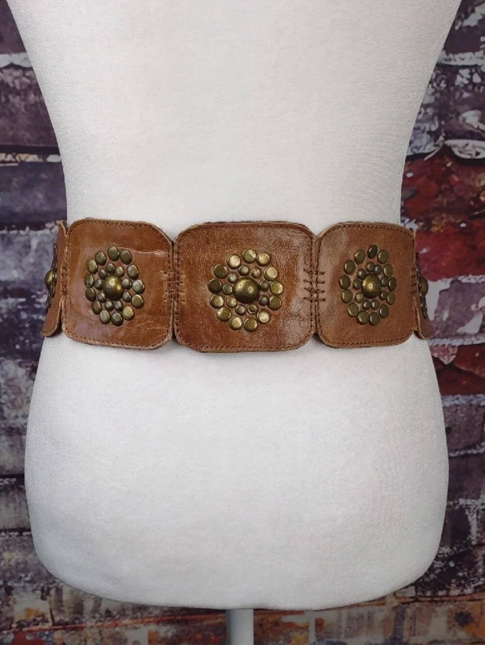Jocasi London Leather Belt w/ Brass Stud Medallions And Buckle